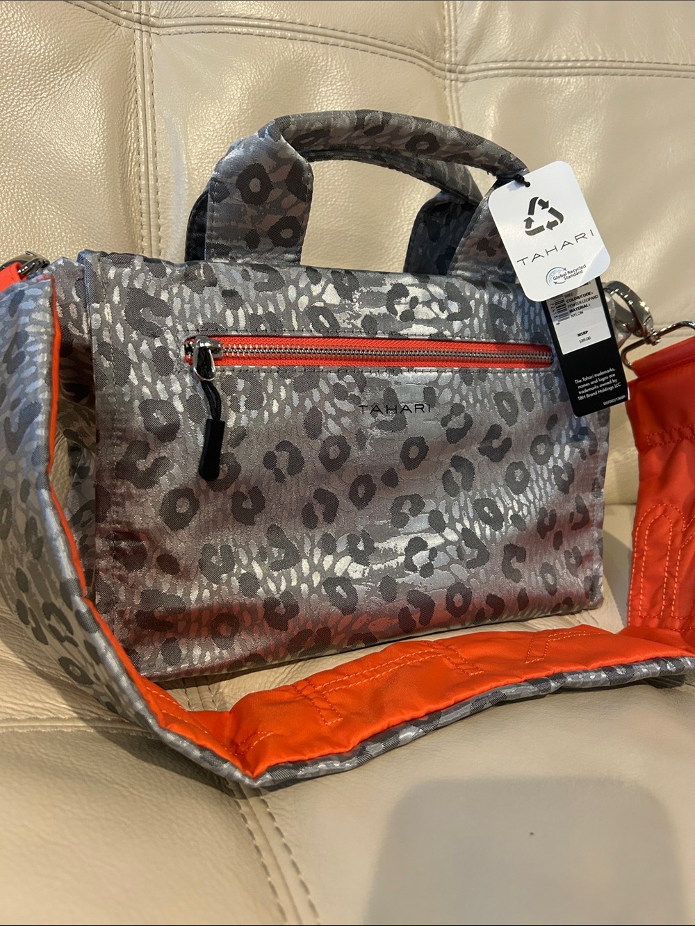 Tahari Gray Leopard-Print Crossbody Bag with Orange Trim and Strap retail $89